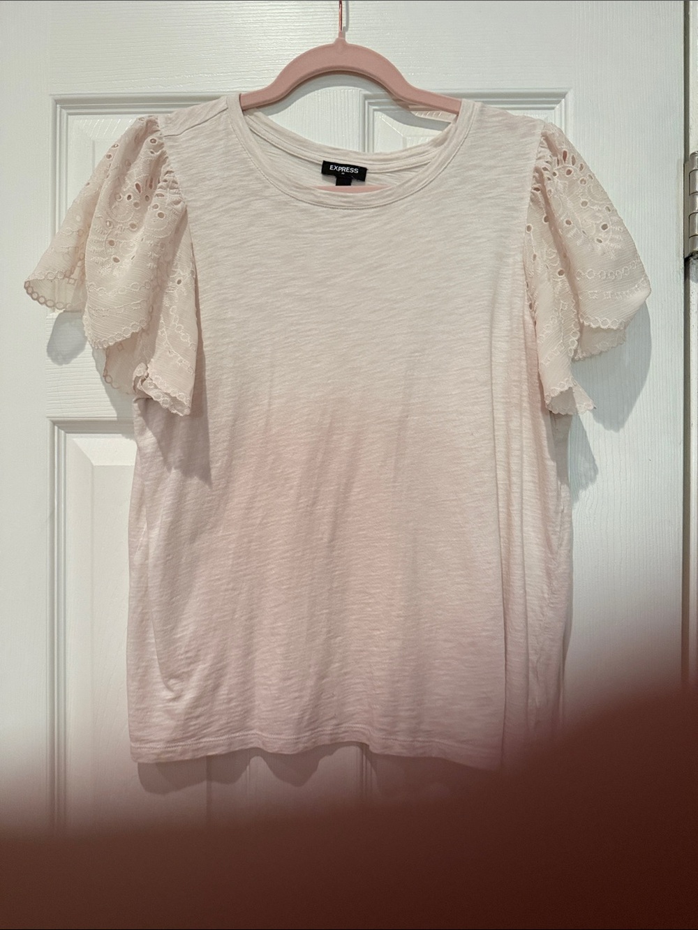 Express Women's Light Cream Eyelet Flutter Sleeve Tee